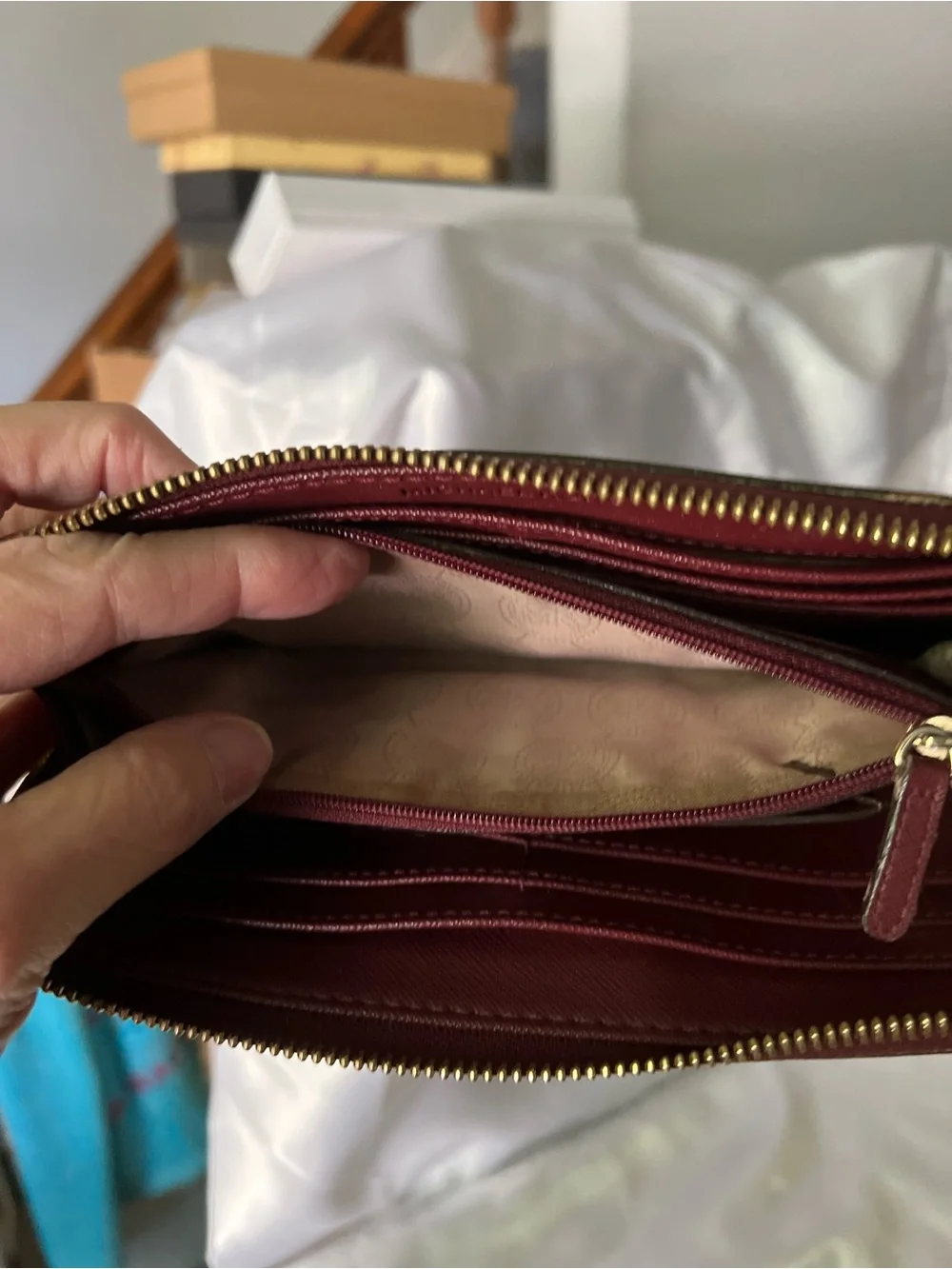 Michael Kors Maroon Saffiano Zip-Around Wallet with Gold Plaque